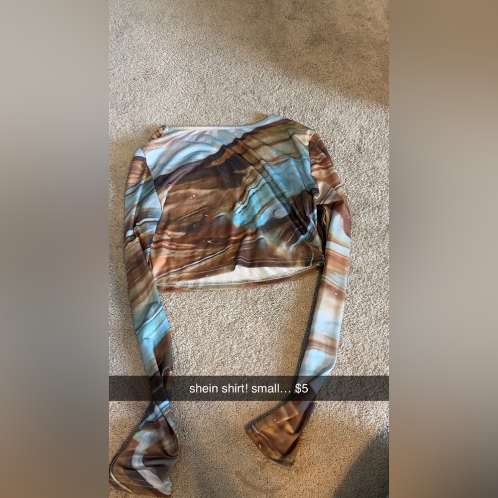 SHEIN Blue and White Asymmetrical Long Sleeve Crop Blouse